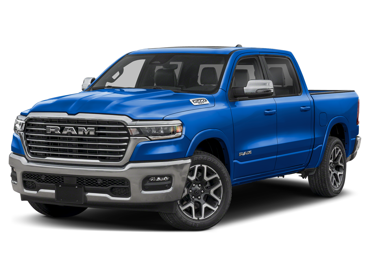 2026 RAM 1500 RAM 1500 LARAMIE CREW CAB 4X4 5'7' BOX in Hydro Blue Pearl-Coat Exterior Paint — front three-quarter view