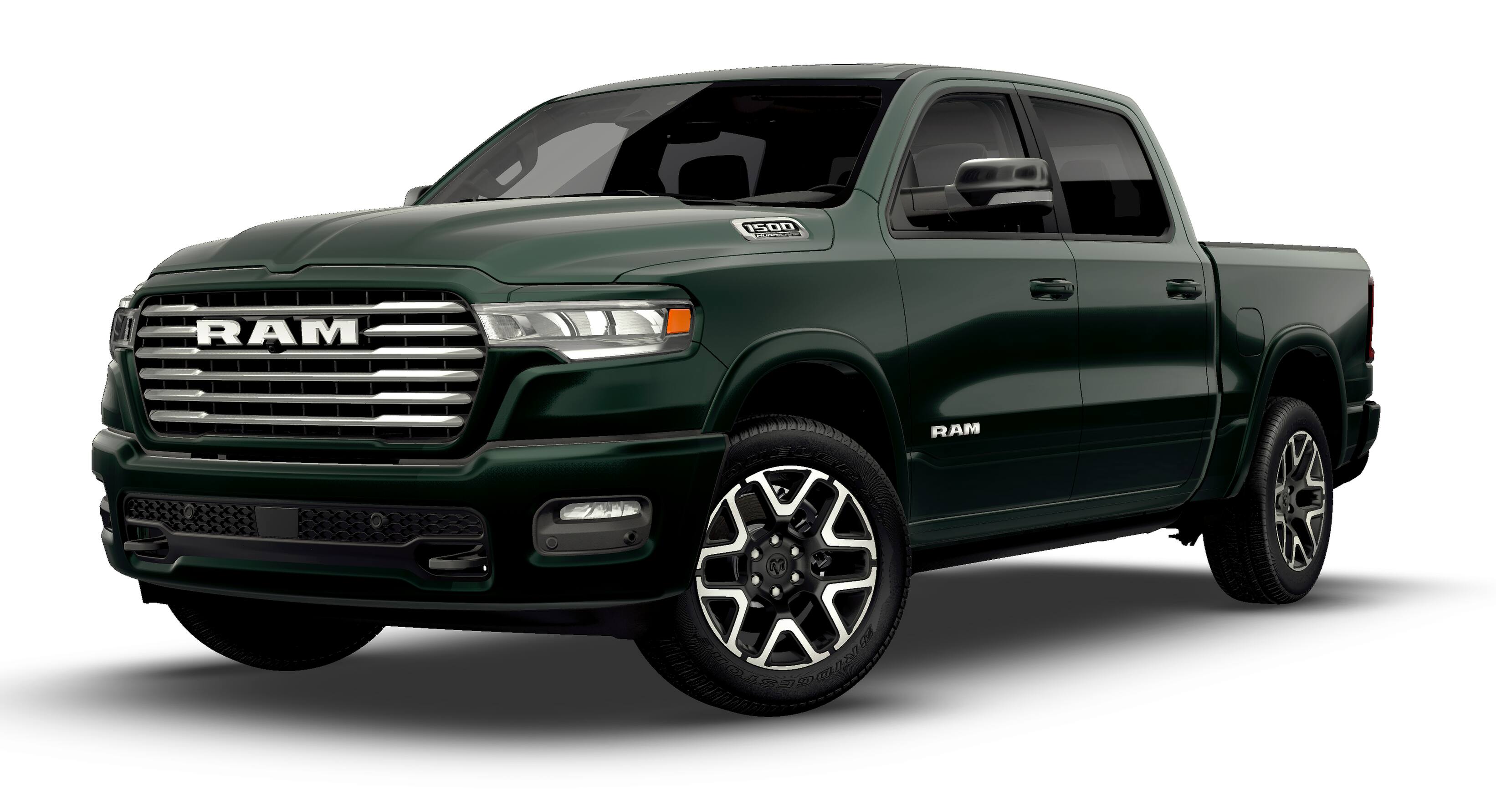 2026 RAM 1500 RAM 1500 LARAMIE CREW CAB 4X4 5'7' BOX in Serrano-Green Metallic Exterior Paint — front three-quarter view