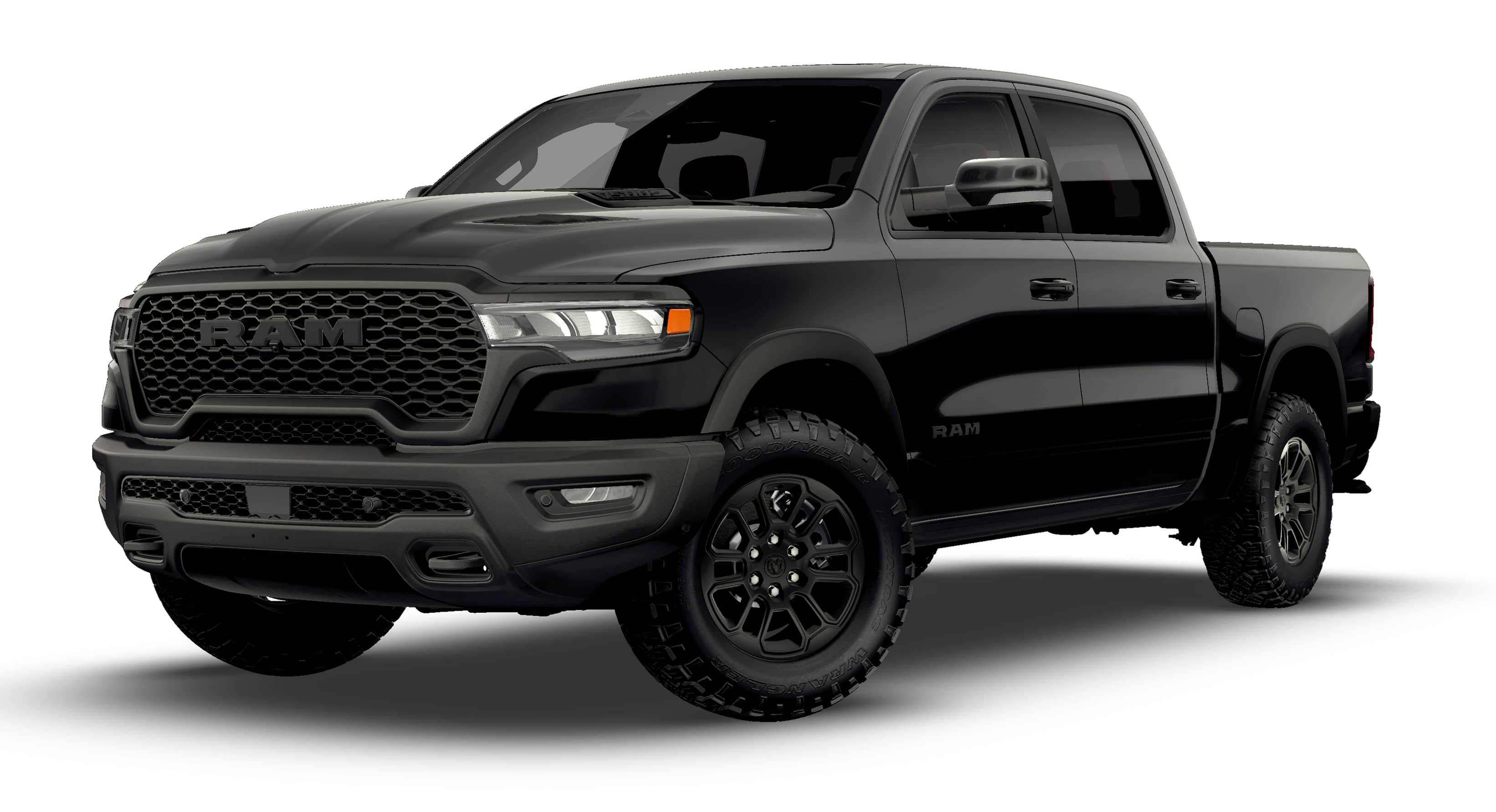 2026 RAM 1500 RAM 1500 REBEL CREW CAB 4X4 5'7' BOX in Diamond Black Crystal Pearl-Coat Exterior Paint — front three-quarter view