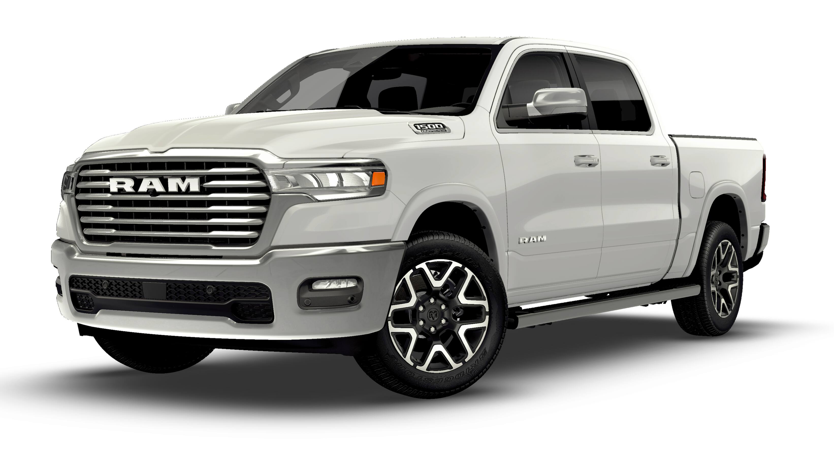 2026 RAM 1500 RAM 1500 LARAMIE CREW CAB 4X4 5'7' BOX in Bright White Clear-Coat Exterior Paint — front three-quarter view