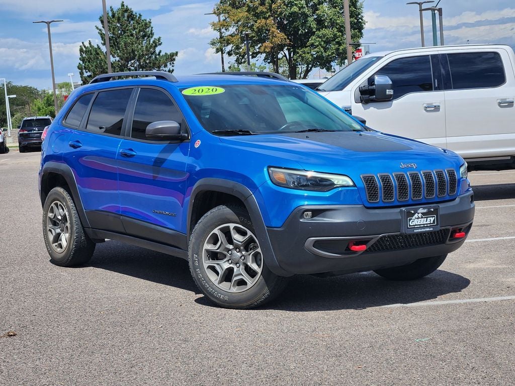 2020 Jeep Cherokee Trailhawk 4x4 in Hydro Blue Pearlcoat — front three-quarter view